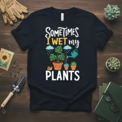 Sometimes I Wet My Plants T-Shirt featuring cute illustration of watering plants, snail, and potted succulents