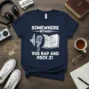 Navy t-shirt with "Somewhere Between 90s Rap and Prov.31" text, featuring a vintage microphone and open Bible graphic