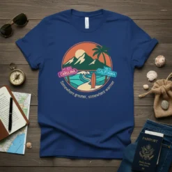 T-shirt design with "Somewhere Greener, Somewhere Warmer" text, Carolina and California signs, surf board, waves, mountains, and palm tree