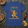 Son of a Nutcracker t-shirt design with a nutcracker and gingerbread man dancing, festive stars, and bold text