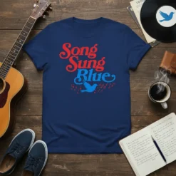 Song Sung Blue t-shirt design with retro font, a blue bird, and musical notes