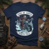 Sons of Santa North Pole text with skeleton Santa riding a motorcycle in a snowy forest graphic