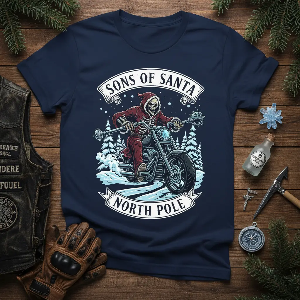 Sons of Santa North Pole text graphic featuring a skeleton Santa riding a motorcycle through a snowy forest scene
