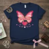 Navy blue t-shirt with "Sophia" written in pink script across a pink butterfly design, surrounded by small hearts
