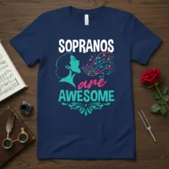 SOPRANOS are AWESOME text with a silhouette of a woman singing and musical notes on a navy blue t-shirt