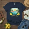 Sorrento Amalfi Coast Italia t-shirt design featuring a coastal village, sailboat, lemons, and scenic Italian landscape