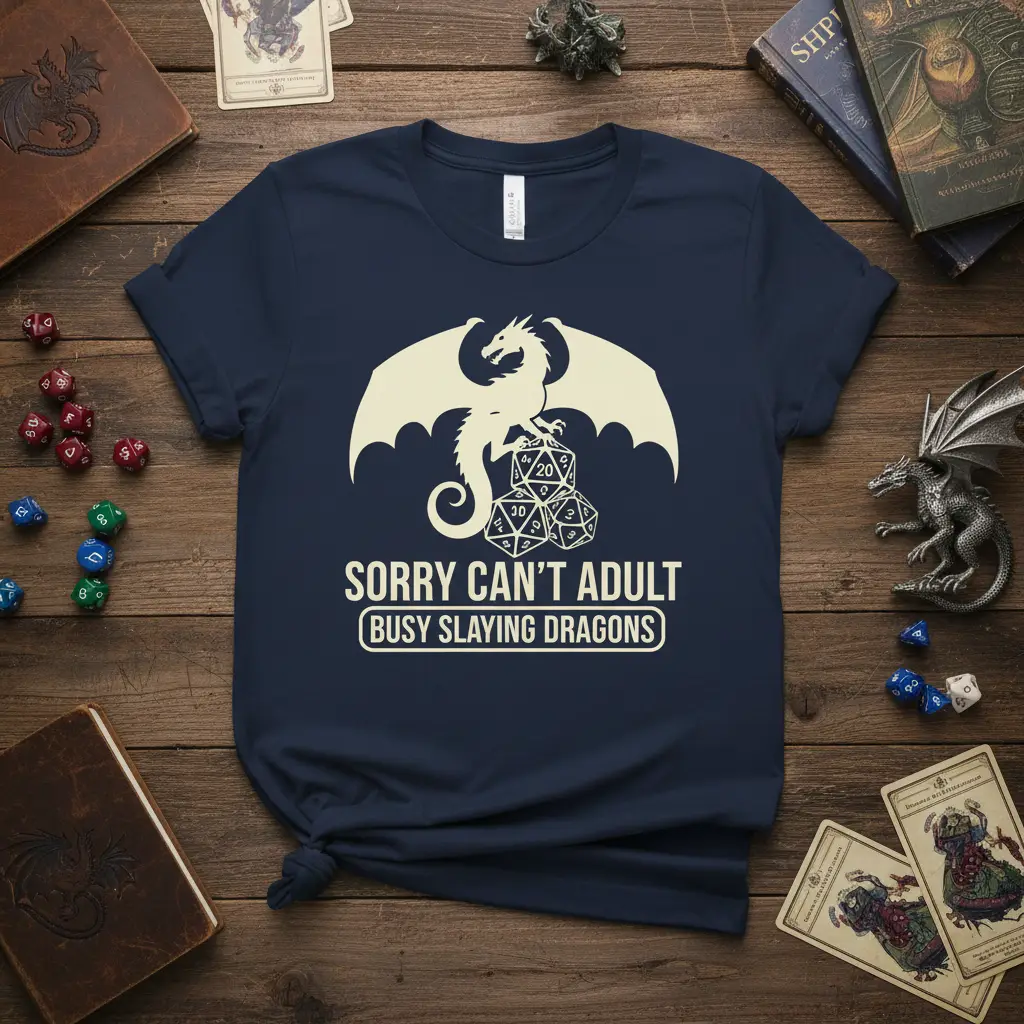Sorry Can't Adult Busy Slaying Dragons quote on a t-shirt with a dragon and D20 dice graphic