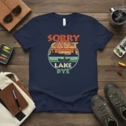 Sorry Can't Lake Bye t-shirt featuring a vintage sunset scene with a boat and mountains, designed for fishing and lake