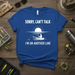 Sorry, Can't Talk I'm On Another Line fishing t-shirt design with a graphic of a fisherman in a boat at
