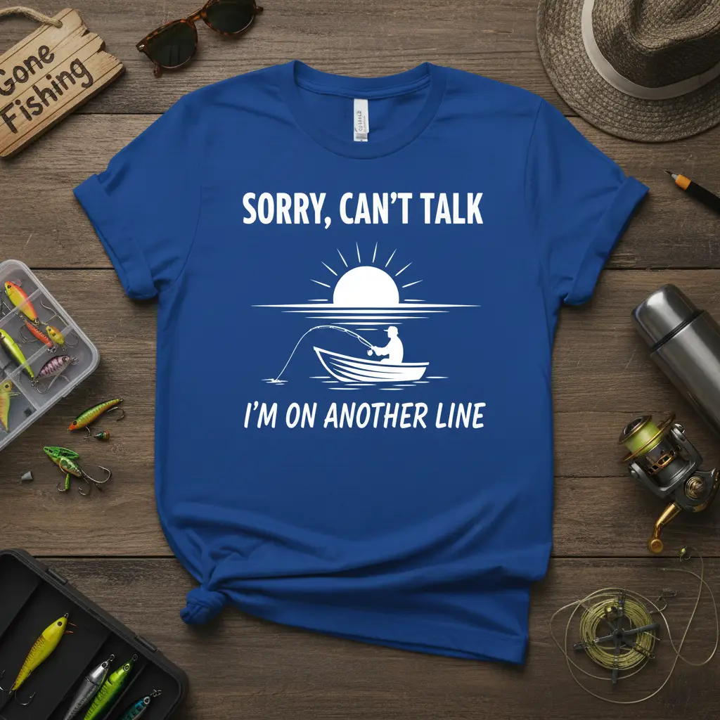 Sorry, Can't Talk I'm On Another Line fishing quote t-shirt with sunset boat graphic
