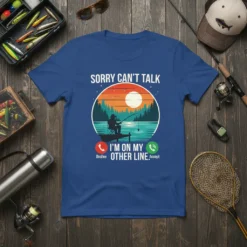 Sorry Can't Talk I'm On My Other Line fishing t-shirt with a fisherman silhouette on a boat at sunset