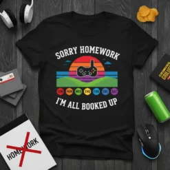 Sorry Homework I'm All Booked Up gamer quote t-shirt with pixel art controller and days of the week
