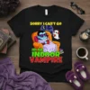 Sorry I Can't Go I'm An Indoor Vampire t-shirt featuring a cartoon vampire relaxing in a chair with a drink