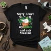 Sorry I Can't My Plants and Cats Need Me text with a sleeping cat on a plant pot graphic on