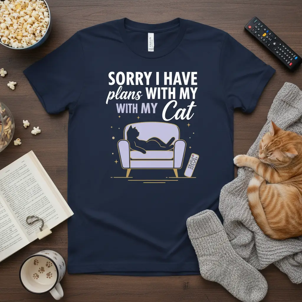 Sorry I Have Plans With My Cat text design with a black cat relaxing on a purple sofa graphic