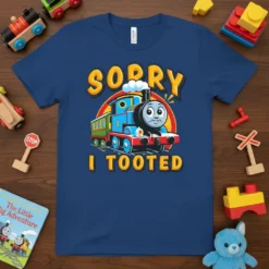 Sorry I Tooted Thomas the Train design with number 1 on the engine, on a blue t-shirt