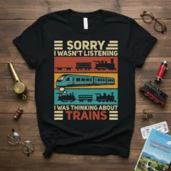 Sorry I Wasn't Listening I Was Thinking About Trains text with vintage train graphics on a black t-shirt