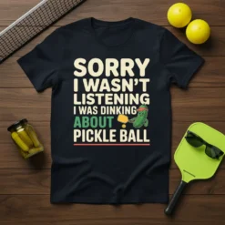 Sorry I Wasn't Listening I Was Dinking About Pickle Ball funny pickleball t-shirt design with a cartoon pickle character