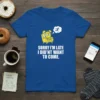 Blue t-shirt with white text "Sorry I'm Late I Didn't Want To Come" and a cartoon alarm clock emoji sitting