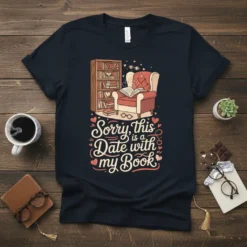T-shirt with the quote "Sorry, this is a Date with my Book" featuring a bookshelf and armchair graphic