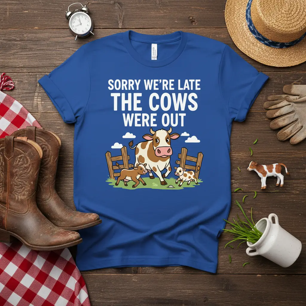 Sorry We're Late The Cows Were Out text with cartoon cow and calves escaping fence on blue tee