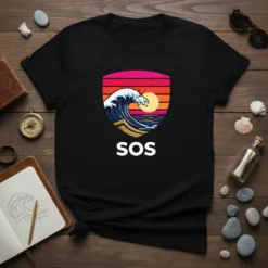 SOS t-shirt design with a stylized crashing wave, sun, and colorful sunset in a shield shape
