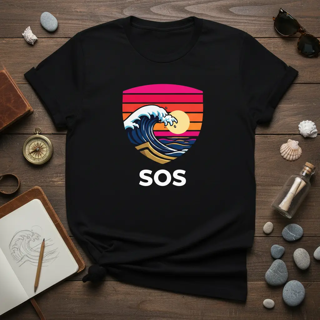 Sos Wave Sunset T-Shirt for Beach Lovers and Surfers