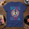 Soul Sista text with a dancing silhouette in a colorful retro circle, surrounded by music notes and stars on a