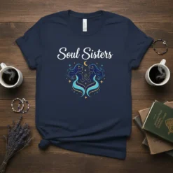 White text "Soul Sisters" above a graphic of two women with flowing hair and celestial stars on a navy blue