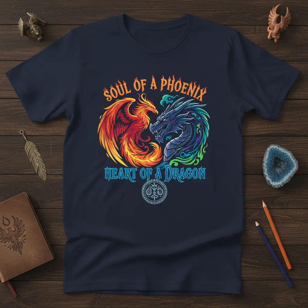 Soul of a Phoenix Heart of a Dragon design with fiery phoenix and cool dragon graphics on a t-shirt