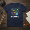 Navy t-shirt with "SOUND" text and a colorful abstract drum kit graphic