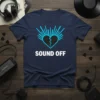 Sound Off broken heart graphic tee with bright blue rays, designed for music lovers and audio professionals