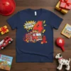 "Sound the Alarm 4th Birthday" text with a red fire truck graphic, number 4, and flames on a navy blue