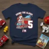 Sound The Alarm I'm 5 firefighter birthday t-shirt with a dalmatian dog on a firetruck, navy blue shirt