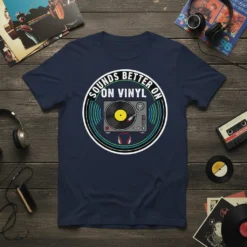 Sounds Better On Vinyl T-Shirt featuring a retro turntable graphic and headphones, perfect for music lovers