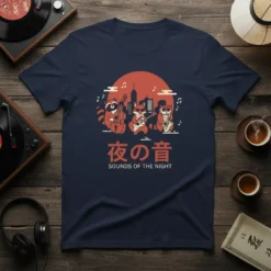 Sounds Of The Night t-shirt with Japanese text, featuring a raccoon, fox, and owl playing instruments in a city skyline
