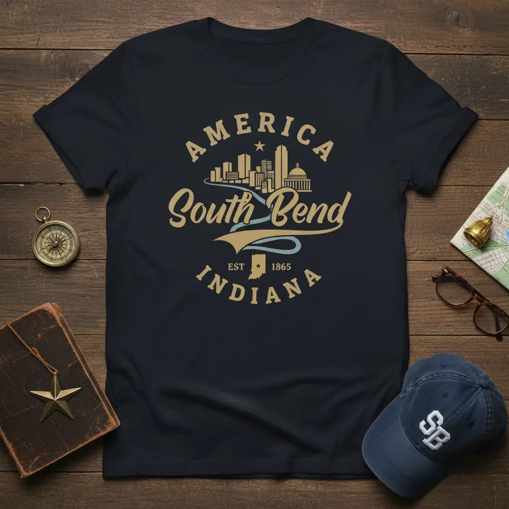 South Bend Indiana retro city design with AMERICA text and EST 1865 established date