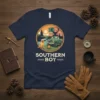 Southern Boy t-shirt design with golden retriever, green pickup truck, campfire, and American flag sunset