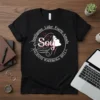 Black t-shirt with circular design featuring the Spanish phrase "Soy Inteligente, Líder, Fuerte, Amada, Valiente, Poderosa, Bella" and a woman's