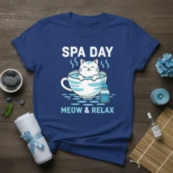 Spa Day Meow & Relax t-shirt with a cute cartoon cat relaxing in a teacup spa bath