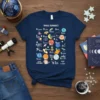 Space Alphabet T-Shirt design with colorful illustrations of planets, stars, and space-themed words for each letter of the alphabet