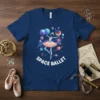 Space Ballet t-shirt design showing a ballerina in a tutu and astronaut helmet surrounded by planets and stars