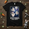 Black t-shirt with "SPACE BUNNIES COSMIC CARROTS" text and graphic of three white bunnies in outer space with a decorated