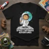 Space Capybara Adventures text on a black t-shirt with a cute capybara astronaut graphic in space