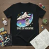 Space Cat Adventure t-shirt design featuring a cartoon cat in an astronaut suit flying a spaceship through a starry galaxy