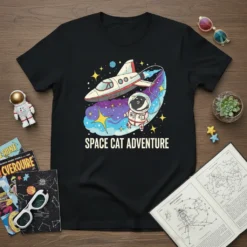 Space Cat Adventure t-shirt design featuring a cartoon cat in an astronaut suit flying a spaceship through a starry galaxy