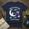 Space Cat Adventures Explore The Cosmos t-shirt design with cats in astronaut suits on the moon and planets, featuring a
