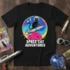 Black t-shirt with a black cat in a spacesuit riding a rocket for SPACE CAT ADVENTURES