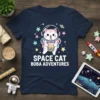Space Cat Boba Adventures t-shirt featuring a cute white and pink cat in a spacesuit holding a bubble tea, surrounded