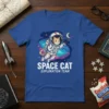 Space Cat Exploration Team text with an astronaut cat graphic floating in space on a blue t-shirt
